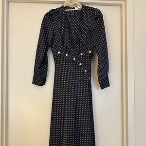 Sandro Navy Blue midi print dress with gold buttons, size 34 (0)